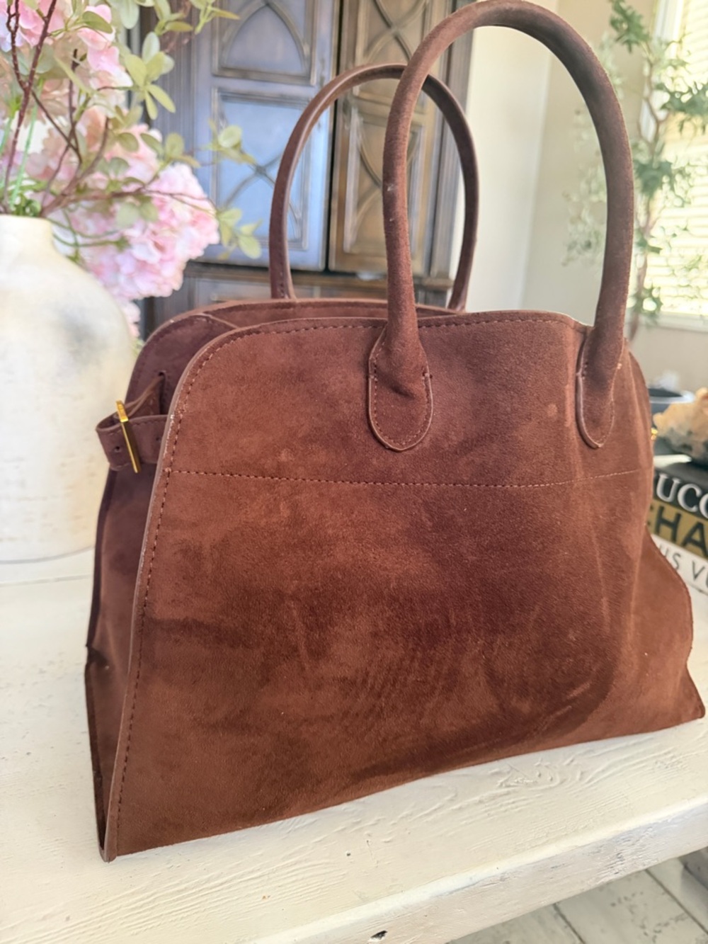 Brown Suede Structured Tote Bag - Classic Women's Handbag